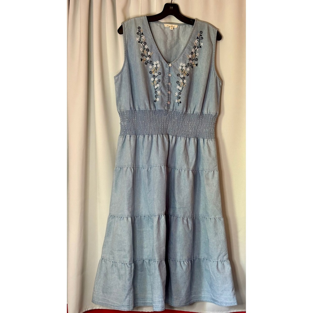 Kings Road Womens XL Blue Chambray Embroidered Tiered Midi Dress Smocked Waist